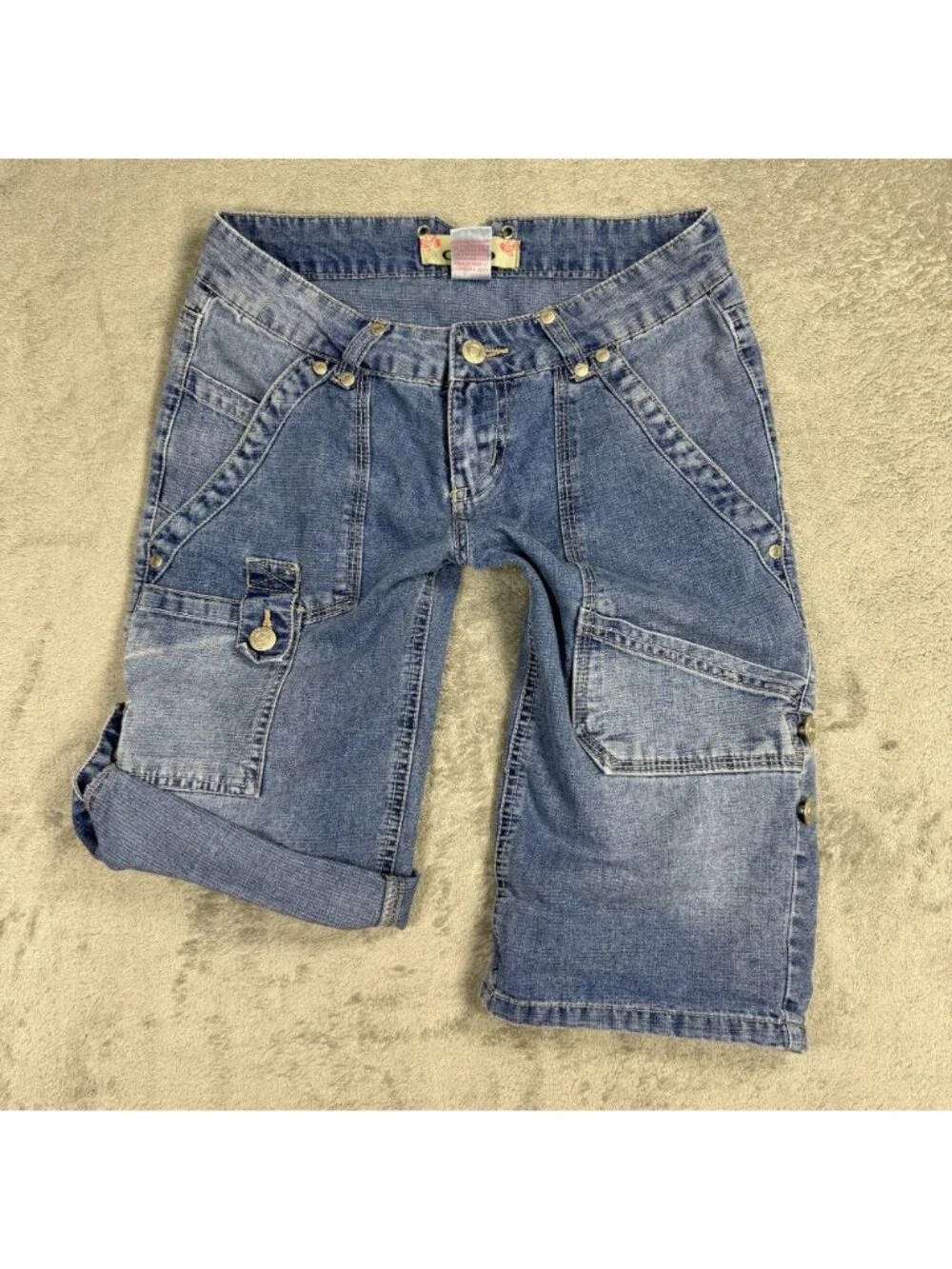 Y2K 2000s Ultra Low Rise Jorts Womens 3 Roll-Up Denim Bermuda Shorts Grunge Blue
